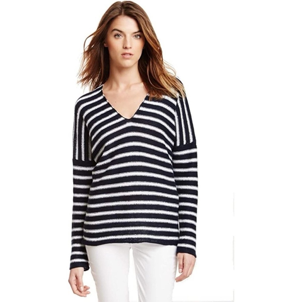 Vince Blue Striped Linen V-Neck Knit Sweater